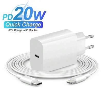 20W EU Plug Wall Charger Adapter + 3.3ft/100cm High-Efficiency Data Transfer Fast Charging Cable Compatible With IPhone 14 Pro Max/14 Pro/14 Plus/14/13/12/11 Pro Max Pro Plus/XS/XR/8/7/6/IPad Series EU Plug Charger Adapter Set Phone Charger High Output Power