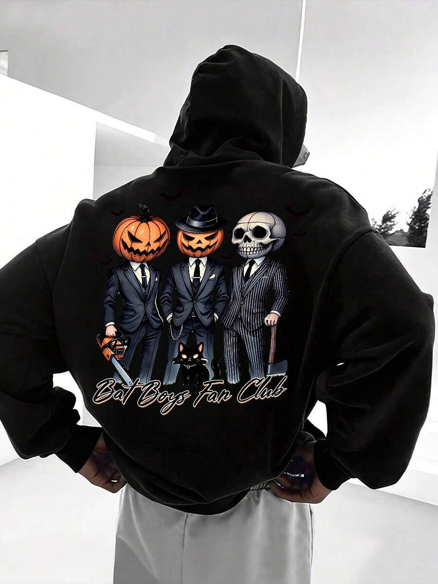 Felpa con cappuccio da uomo con stampa di Halloween, 1 pezzo: misto cotone e poliestere, stampa squisita, adatta per l'uso all'aperto, per il pendolarismo autunnale e invernale