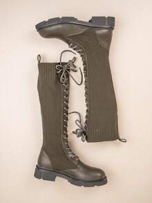 Knee High Lace Up Winter Boots with Chunky Outsole and Flexible Knit Upper - 綠色 - 查看 7