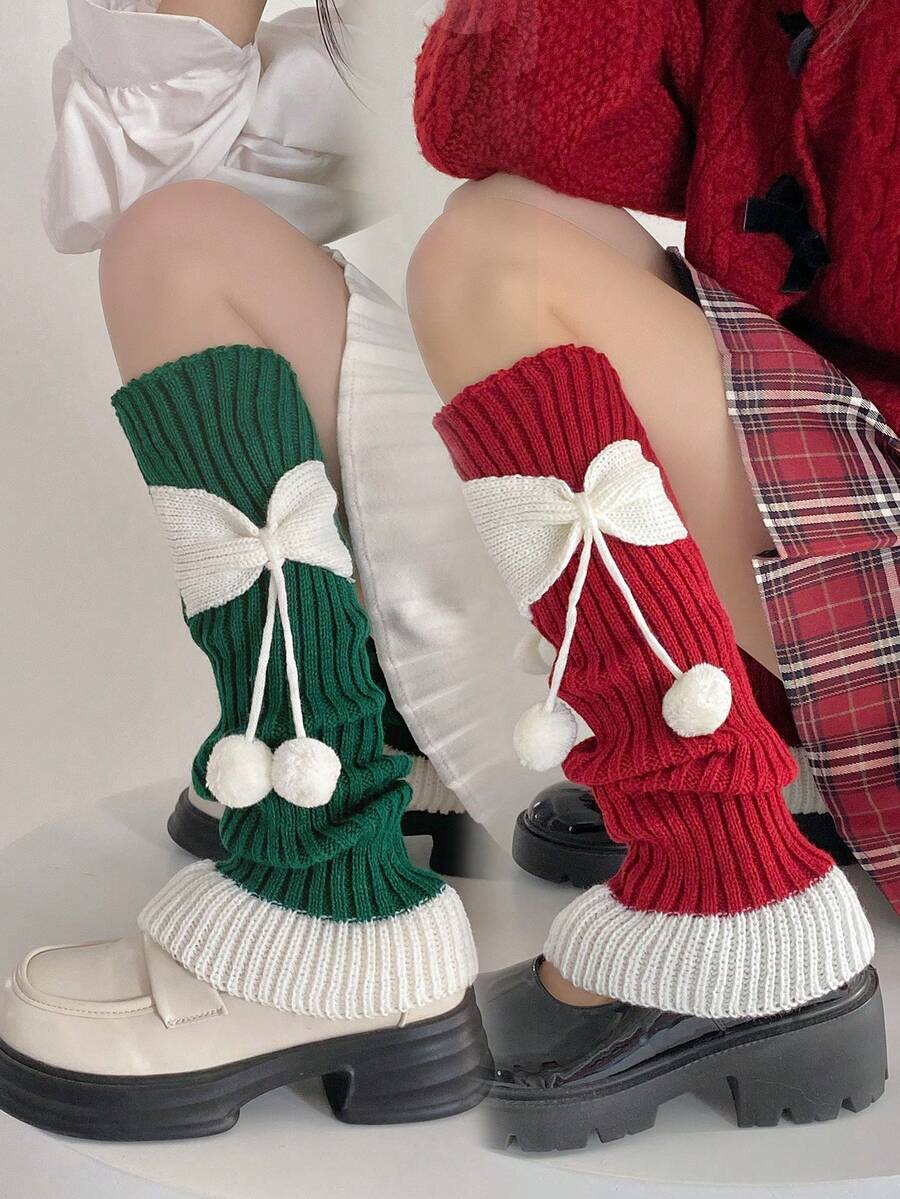 1/2 Paio di scaldamuscoli in maglia con fiocco e pon pon in rosso, verde, nero, bianco, versatili scaldamuscoli alti fino alla coscia, adatti per autunno, inverno, primavera, Natale