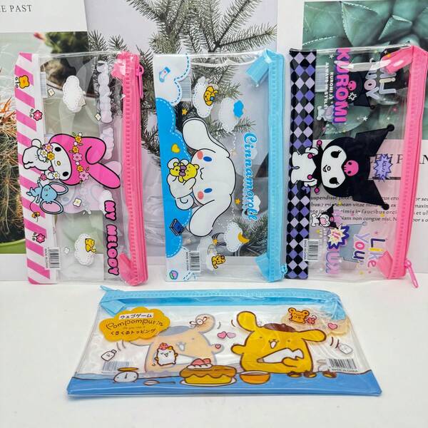 Sanrio 4pcs Sanrio Hello Kitty Funny Print Transparent Pencil Case, Stationery Organizer Bag, PVC Bag, Document Pouch, Stationery Bag, File Folder, Transparent Zipper Bag, Test Paper Storage Bag, Gifts, Office Supplies, Back To School Small Gifts, Suitable For School Season, Halloween, Christmas