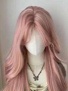26 英寸自然波浪假发 女士长 U 型蕾丝假发 合成假发 中分万圣节角色扮演假发 万圣节派对 - 粉色 - 查看 5
