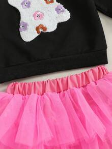 Toddler Baby Girl Halloween Outfit Ghost Embroidered Long Sleeve Sweatshirt Pullover Tops + Elastic Tulle Tutu Skirt 2pcs Infant Fall Winter Outfits Set - màu đen - Xem 9