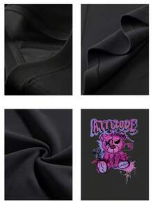 Camiseta Tops casuales de mujer con estampado oso actitud 220 g de algodón puro grueso y cómodo - Negro - Ver 4