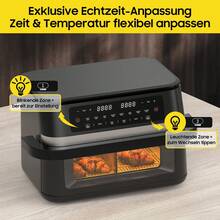 Frytkownica na gorące powietrze o pojemności 11 l, dwustrefowa | Airfryer 2950W z okienkiem i oświetleniem, podwójna komora z wyjmowaną przegrodą, funkcja Sync Cook & Finish, dioda LED Touch, 8 programów, kosz nadający się do mycia w zmywarce, zdrowe i beztłuszczowe, automatyczne wyłączanie - Wtyczka UE typ E (220–240 V) - Zobacz 2