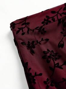 大码花卉植绒网纱A字裙，优雅女士春季半身裙 - 酒紅色 - 查看 8