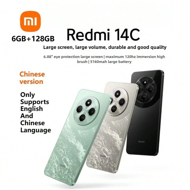 Xiaomi Redmi 14C Smartphone, Xiaomi Redmi 14C 4G LTE, Helio G81-Ultra Octa-Core Processor, 6GB+128GB Memory, 6.88" Large Screen, 13MP Triple Camera, 120Hz High Refresh Rate, 5160mAh High Capacity Battery, Long Lasting, Chinese Version Dual SIM, Supports English And Chinese