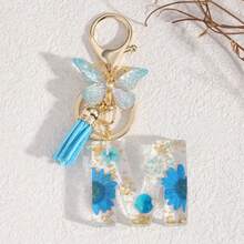 Fashionable Butterfly Tassel Flower Initial Keychain For Girl And Ladies, Blue Cute Dry Flower Dandelion Letter Key Chain, Backpack/Handbag Decoration Gift Bag Accessories Lanyards With Id Holder Car Accessories Bag Charms Christmas Car Accessories Teacher Friend Sister Gift Ideas