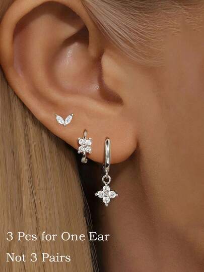 3件套复古银色圆形锆石花朵吊坠耳环，可叠戴，轻巧不锈钢耳环，镶嵌锆石，男女皆宜，可佩戴于耳软骨、耳垂、耳廓等部位。