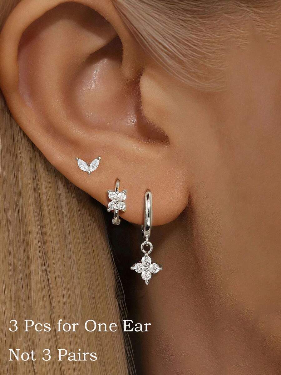 3件套复古银色圆形锆石花朵吊坠耳环，可叠戴，轻巧不锈钢耳环，镶嵌锆石，男女皆宜，可佩戴于耳软骨、耳垂、耳廓等部位。 - Silver-1# - 查看 1