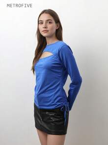 Top cu mânecă lungă, decupaj frontal și legături laterale. Eleganță și unicitate. - Albastru - Vizualizare 3