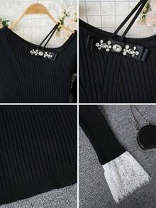 性感简约蕾丝拼接肩部针织毛衣，蝴蝶装饰水钻点缀长袖上衣，适合约会、外出、通勤、圣诞节、新年等场合，黑色春季款 - 黑色 - 查看 10