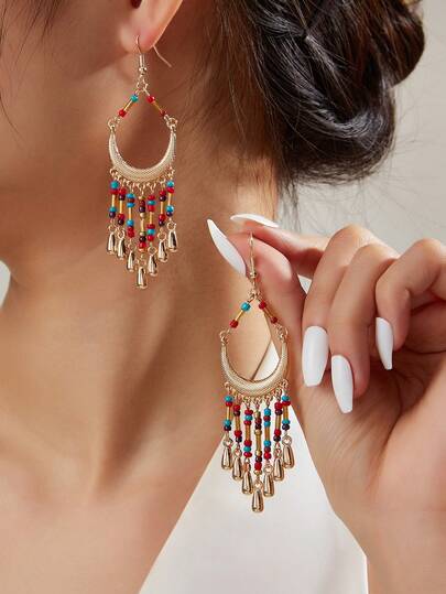 1 Pair Bohemian Style Colorful Beaded/Teardrop Pendant Tassel Dangle Earrings For Women, Suitable For Vacation And Daily Wear