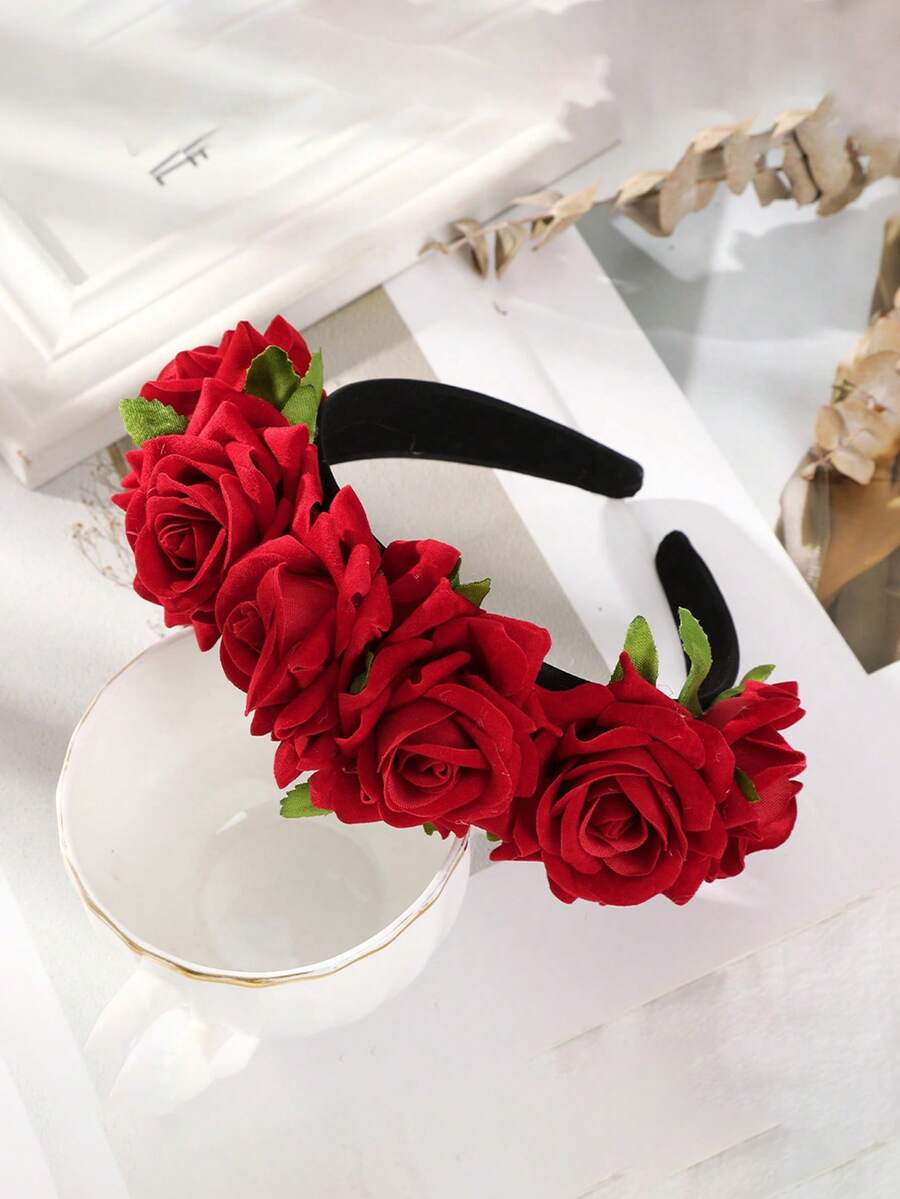 1pc Girls' Cross-Border New Rose Headband, Realistic 3D Flocked Rose Flower Hair Hoop, Headdress For Travel & Photo Shoot - Red - View 1