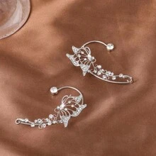2pcs Hip Hop Style Shiny Butterfly Ear Wrap, Elf Earrings Fairy Ear Climber Luxury No Piercing Clip On Earrings - 白色 - 查看 8
