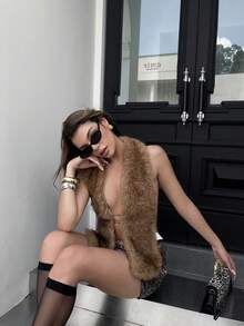 棕色露背后背镂空性感上衣，派对装，秋冬女装，音乐节女装，女士 Y2K 人造毛皮背心仿大衣无袖外套开襟夹克纯色外套女孩休闲街头，节日服装，圣诞节， - 棕色 - 查看 5