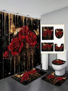 Black & Gold Luxurious Rose Shower Curtain | Obsidian Black Base + 3D Metallic Gold Splatter + Handcrafted High-Saturation True Red Roses X2 + Gold Foil Butterflies X2 | 180 X 180cm Thick Waterproof PEVA Shower Curtain | Full-Panel High-Definition Digital Printing, Machine Washable, Colorfast | INS Luxury Bathroom Makeover/Valentine's Day/Women's Day/Birthday Surprise/Housewarming Gift For Best Friends Bathroom Decor Christmas Decor