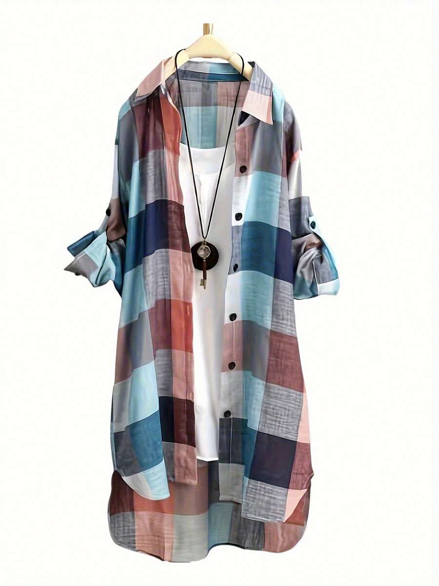 Women's Blusas Casuales De Mujer Chic Plaid Shirt - Elegant And Youthful Korean Style, Casual Collared Shirt, Button Details, All-Match Tops For Women In All Seasons, Casual Wear | Plaid Pattern | Collared Design Fall Clothes For Women - Màu xanh lam - Xem 1