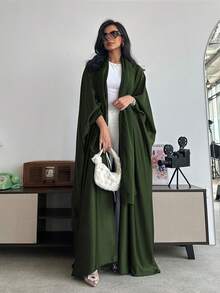 Conjunto de túnica de unicolor holgada con mangas de murciélago y pañuelo para la cabeza, atuendo árabe de primavera con estilo de Oriente Medio - Verde Oliva - Ver 3