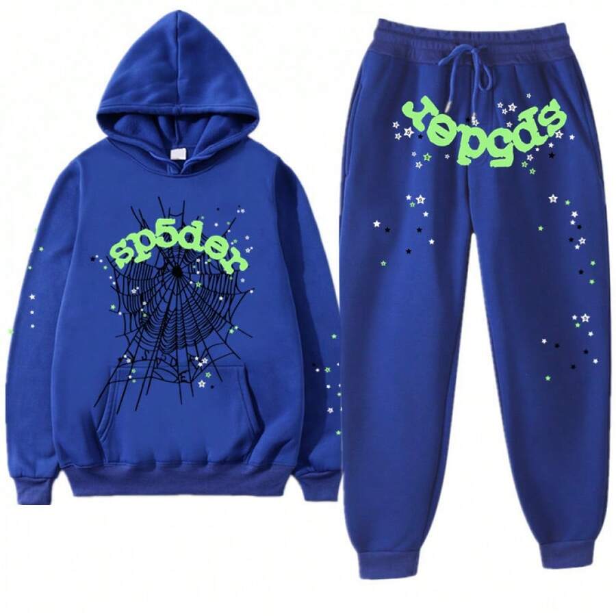 American Hip-Hop Singer Letter Print Couple Sweatshirt Unisex Hoodie Set Black Casual Wear Vacation Wear Streetwear Fabric - 5寶藍色 - 查看 1
