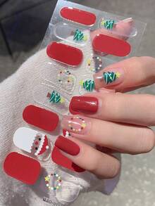 圣诞美甲贴纸，圣诞老人图案美甲贴纸，美甲贴纸，红绿配色，圣诞卡通主题美甲贴纸，圣诞树，雪人，雪花，煎饼人，闪亮雪花图案，女士自粘美甲贴纸 - 彩色 - 查看 11