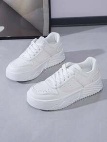 女士休闲厚底运动鞋，透气厚底时尚简约学生鞋，有白色、黑色、粉色、卡其色、银灰色、米色、蓝色、紫色可选 - 白色 - 查看 12