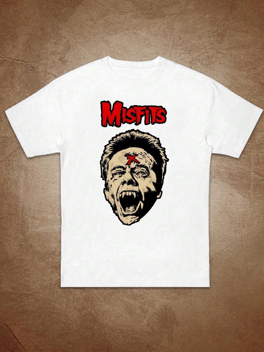 Women's MISFITS Rock Band Graphic T-Shirt - Edgy Black Tee With Red Dripping Lettering & Stylized Portrait Print, Round Neck Short Sleeve Casual Top For Casual Attire - 白色 - 查看 1