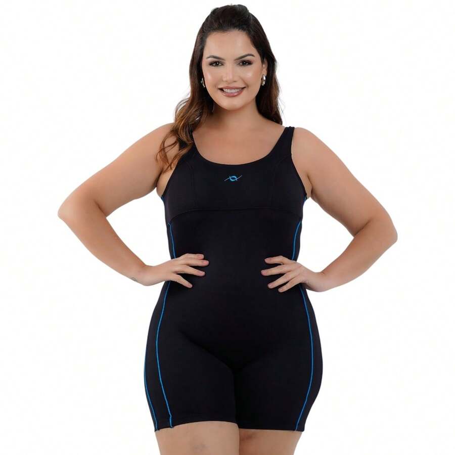Nexis Maiô Macaquinho Plus Size Perninha Natação De Hidroginástica - Preto/Turquesa - Visão 1