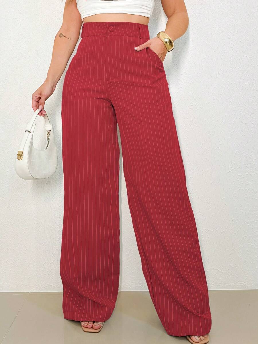A&DD MODA, REF: H932(PLUS SIZE) - Plus Size Women's Striped Pants, Stylish Plus Size, High Waist, Wide Leg, Elegant, Casual, Formal, Lightweight, Modern, Comfortable, Women's Pants, Lightweight Fabric, Striped Print, Simple Look, Versatile, High Quality ✨ - 酒紅色 - 查看 1