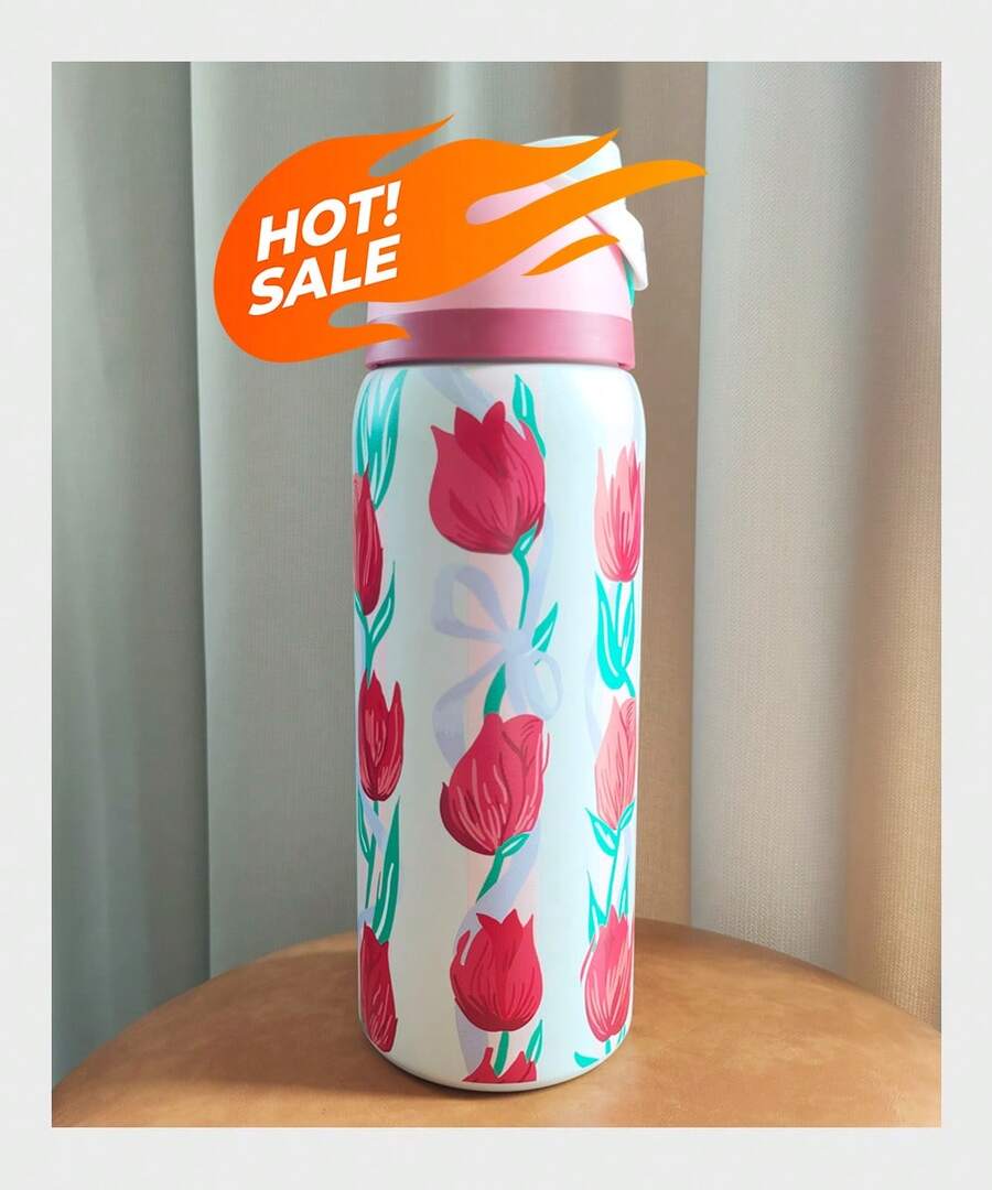 OWALAs Tulip Pattern Flower Pattern Cup. Sports Water Bottle, A Water Bottle Designed For Water Drinkers. Vacuum Flasks & Thermoses Water Bottle. Stainless Steel Water Bottle With Straw. Very Suitable For Water, Iced Tea Or Coffee, Ice Drinks ; Hot Drinks. Can Be Used For Outdoor Sports, Heat Preservation Time Cold And Hot Water Can Be Insulated, Suitable For Sports, Outdoor Activities, Travel, And Student Sports Water Cup. Halloween Gifts, Christmas Gifts, Gift-Giving. 24oz(710ml) / 32oz(945ml). - nụ - Xem 1