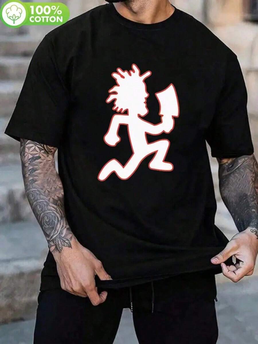Men'S Black Cotton Short Sleeve T-Shirt - Hatchetman ICP Graphic Print, Casual Round Neck Tee For All Seasons, Soft & Comfortable Fit, Perfect For Outdoor Activities And Casual Attire, Casual Wear | Bold Graphic Tee | Soft Texture,Nightmare Before Christmas,Christmas,Halloween Costumes,Funny T Shirts,Summer Outfits,Thanksgiving Day,Men Graphic Tees,Streetwear Men - 黑色 - 查看 1
