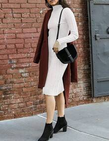 Ribbed Sweater Dress Slim Fit Midi Dresshalloween - 白色 - 查看 4