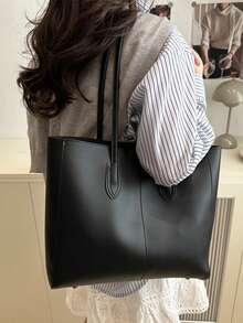 2pcs Women Black Quilted Lining Shoulder Tote Bag, Fashion Large Capacity Combination Handbag With Snap Closure, Casual Street Style For Photography, Daily Commute