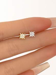 1pc S925 Sterling Silver Gold Mini Zirconia Eight-Pointed Star Nose Stud/Ear Stud/Lip Stud - Gold-Plated Hypoallergenic - Small And Exquisite Men's And Women's Unisex Facial Piercing Jewelry - Sterling Silver Jewelry - Fashionable And Personalized Hip-Hop - Suitable For Daily Wear