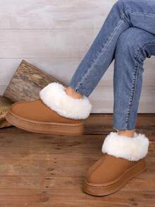 1 Paar Große Größen 36-42 Farbblock modische süße Western Stil Kunstfell gefüttert Flauschiger Rand Kunstfell Patchwork Dicke Sohle Schneestiefel, geeignet für Urlaub, Outdoor, Winter