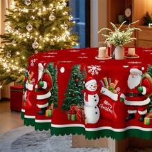 1 pezzo Tovaglia natalizia vintage a tema rosso - Babbo Natale, pupazzo di neve, albero di Natale, scatola regalo, disegno a fiocco di neve, abbinata a calze rosse, in tessuto di poliestere durevole - adatta per tavoli rettangolari o rotondi, perfetta per regali di Natale e celebrazioni di Capodanno, decorazione della tavola da pranzo di Natale, decorazione natalizia - Multicolore - Visualizzare 9