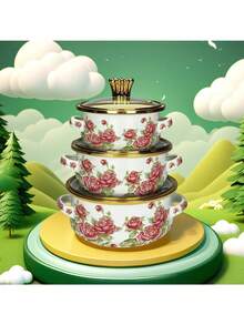 3pcs Enamel Coated Cookware Set: Milk Pot With Handles, Enamel Bowl, Mini Pot, Soup Pot, Ramen Bowl, Small Hot Pot, Thick Enamel Pot With Handles, Suitable For Induction Cooktop, Gas Stove, Cooking Small Portions Or Food Storage, Family Dinner Supplies, Christmas Party Supplies