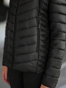 Women's Thin Padded Jacket Solid Color Casual Zipper Pocket - Black - View 6