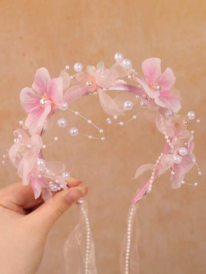 1pc Girls Faux Flower Pearl Headband, Elegant Beaded Floral Veil Headpiece, Suitable For Girls Daily Travel Hairstyles