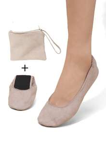 女士优雅舒适百搭米色绒面革柔软平底可折叠芭蕾平底鞋，含配套手提包和备用拖鞋，适合秋冬季