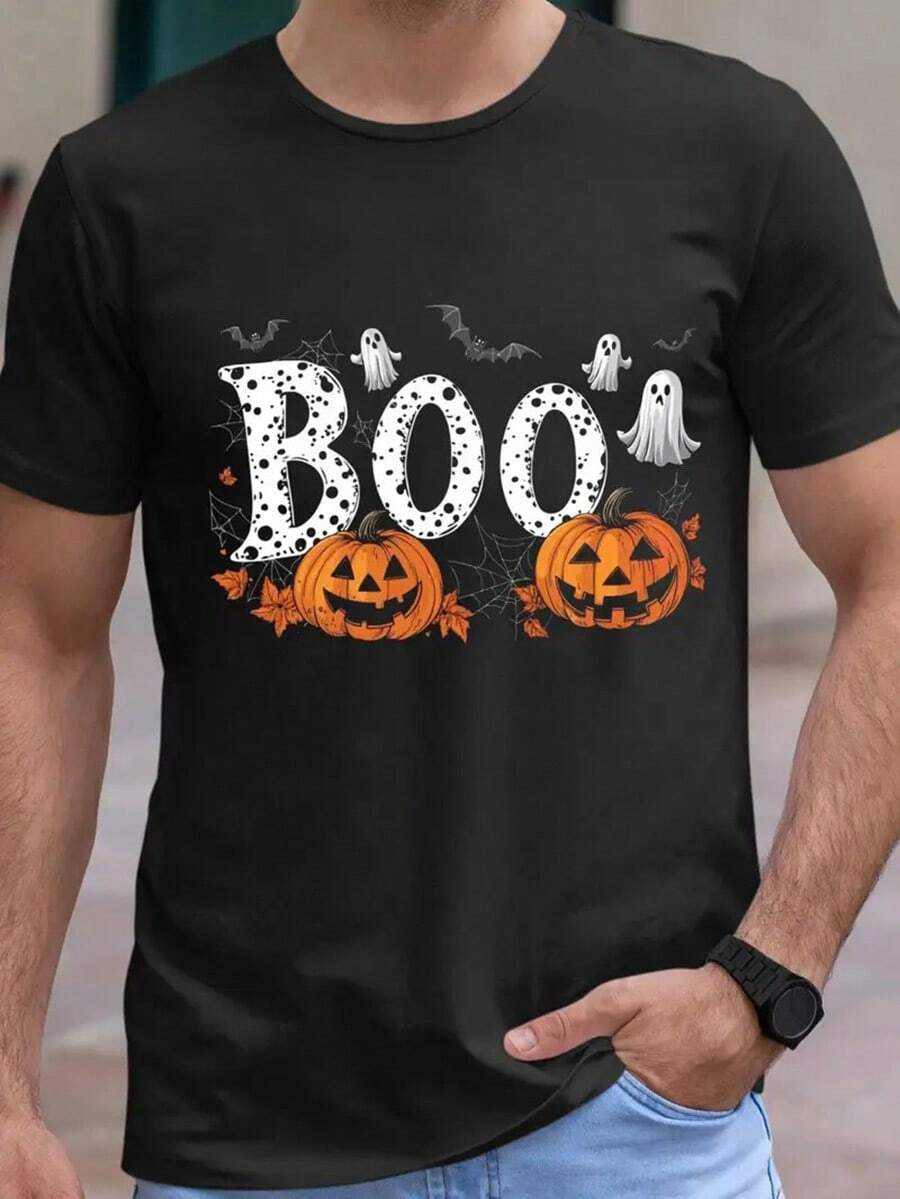 Men'S Halloween T-Shirt - Spooky BOO Graphic Tee With Pumpkins, Bats - Soft Breathable Shirt For Costume Parties, Fall Outfits, Thanksgiving - Machine Washable Casual Crewneck Top (Sizes S-XXL) - Ideal Halloween Gift For Men, Festive Clothing, Playful Design, Comfortable Material, Short Sleeve Shirt, Party Goers,Nightmare Before Christmas,Christmas,Halloween Costumes,Funny T Shirts,Summer Outfits,Thanksgiving Day,Men Graphic Tees,Streetwear Men - màu đen - Xem 1