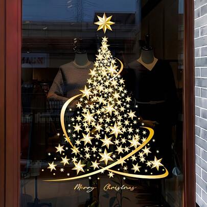 Goldener Weihnachtsbaum Glas Aufkleber PVC statische Schneeflocke Fensteraufkleber, geeignet für glatte Türen und Fenster