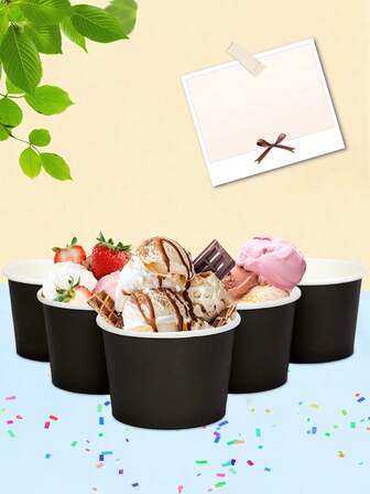 10 piezas/20 piezas/50 piezas Tazas de papel negro sólido para helado a granel, tazones de papel de postre de unicolor para fiestas de merienda, helados, decoraciones de mesa de fiesta de Año Nuevo