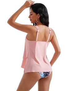 Traje de baño tankini con volantes de cintura alta y control de abdomen para tallas grandes - Rosa - Ver 3