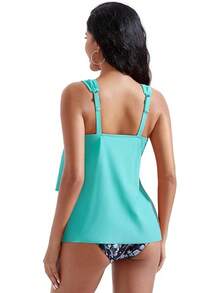 High Waisted Ruffle Tankini Swimsuit Plus Size Tummy Control - Aqua Blue Floral - View 7