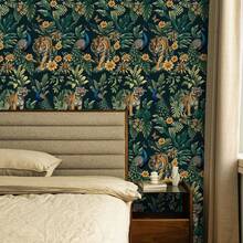 1 Roll Retro Green Forest Self-Adhesive Wallpaper, Tiger Peacock Floral Plant Pattern, Peel And Stick, Waterproof Wallpaper, Removable Contact Paper, Easy To Install, Suitable For Home Decor, Bedroom, Living Room, Kitchen Wallpaper, Furniture Cabinet Surface Renovation Stickers, Back To School Season And Autumn Holiday Gift, 17.32* 118.11/196.85 Inches