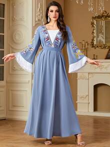 Women's Elegant Robe, Dubai Style Floral Embroidery Contrast Color Block Tassel Moroccan Abaya Robe, Eid Mubarak Long Sleeve Robe Spring - Blue and White - View 8