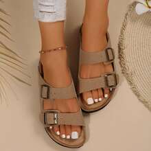 Women's Slip-On Sandals With Adjustable Buckle And Cork Footbed - Comfortable And Stylish Slide Sandals For Any Occasion - 鏽棕色 - 查看 5