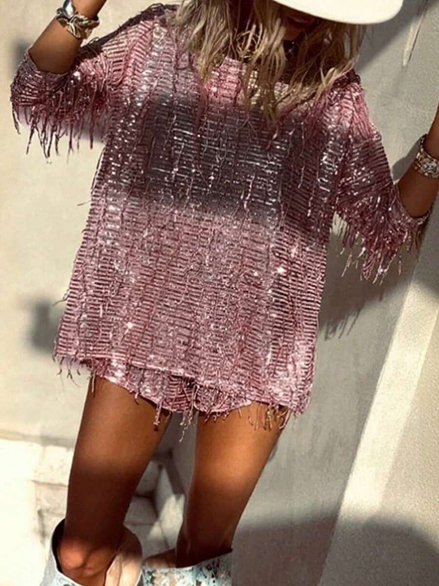 Women's 2 Piece Party Outfits Long Sleeve O Neck Sequins Tassel Tops Shorts Sets - 粉色 - 查看 1