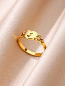 1pc Stainless Steel Heart-Shaped Rose Flower & Letter Engraved Ring, Valentine's Day Gift - JZ8012 - View 5